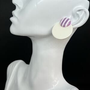 Vintage Purple & White Circular Disc Post Earrings 1980s Bold Retro Jewelry
